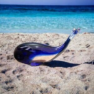 Whale Fish Ocean Art Glass Cobalt Blue and Clear 10" Paper Weight Sea Decoration